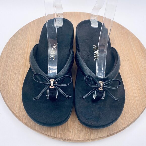 Vionic Cassie Sandals Womens 7 Black Leather Orthotic Flip Flop Bow - Picture 3 of 11
